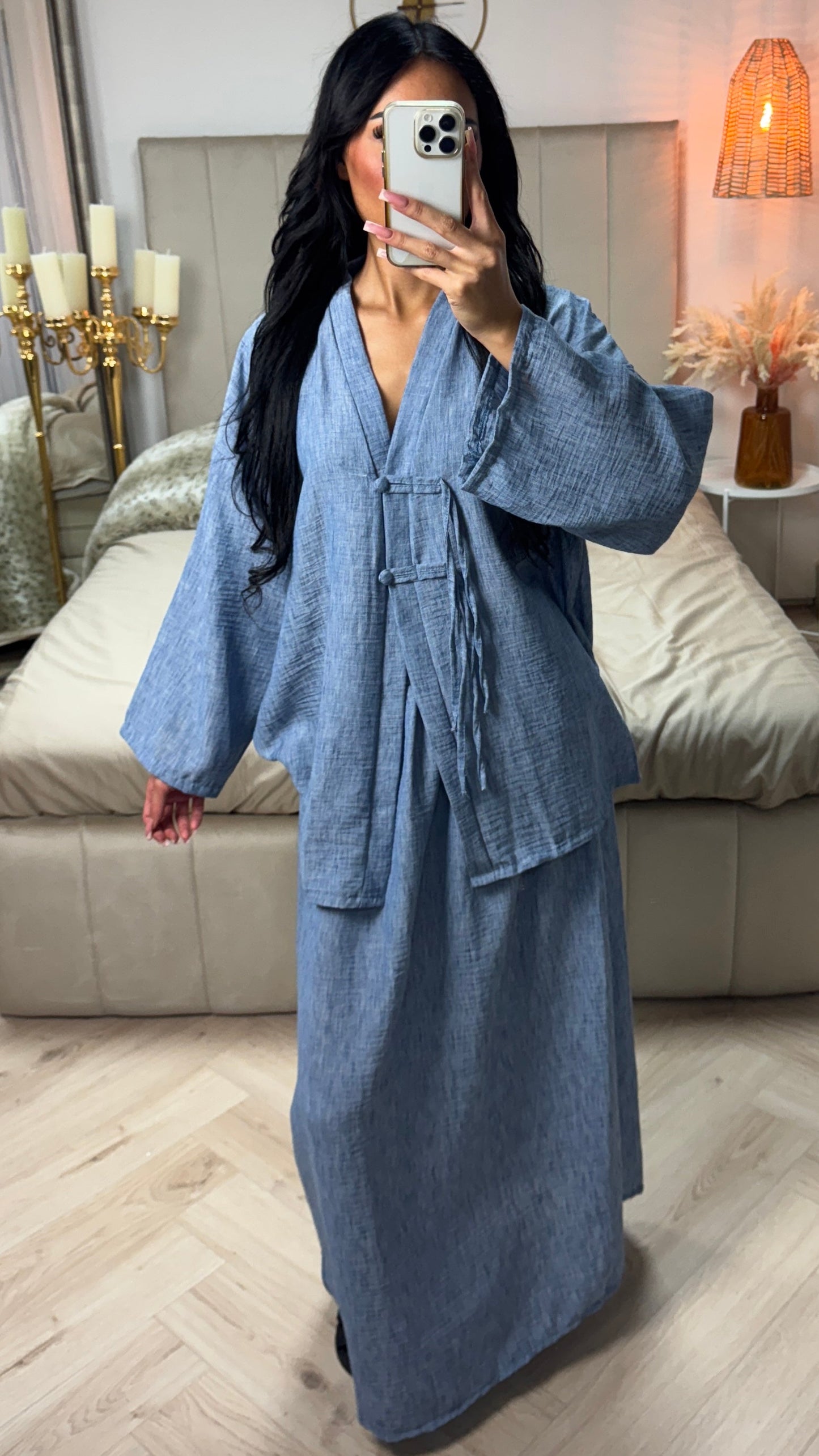 V Neck Top + Skirt Set Two Button Detail