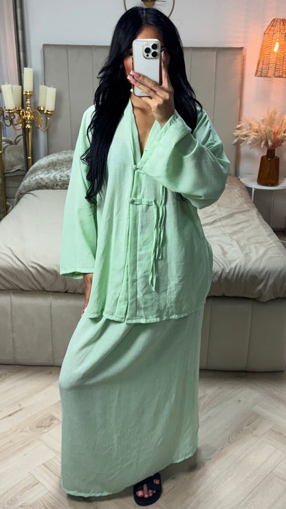 V Neck Top + Skirt Set Two Button Detail