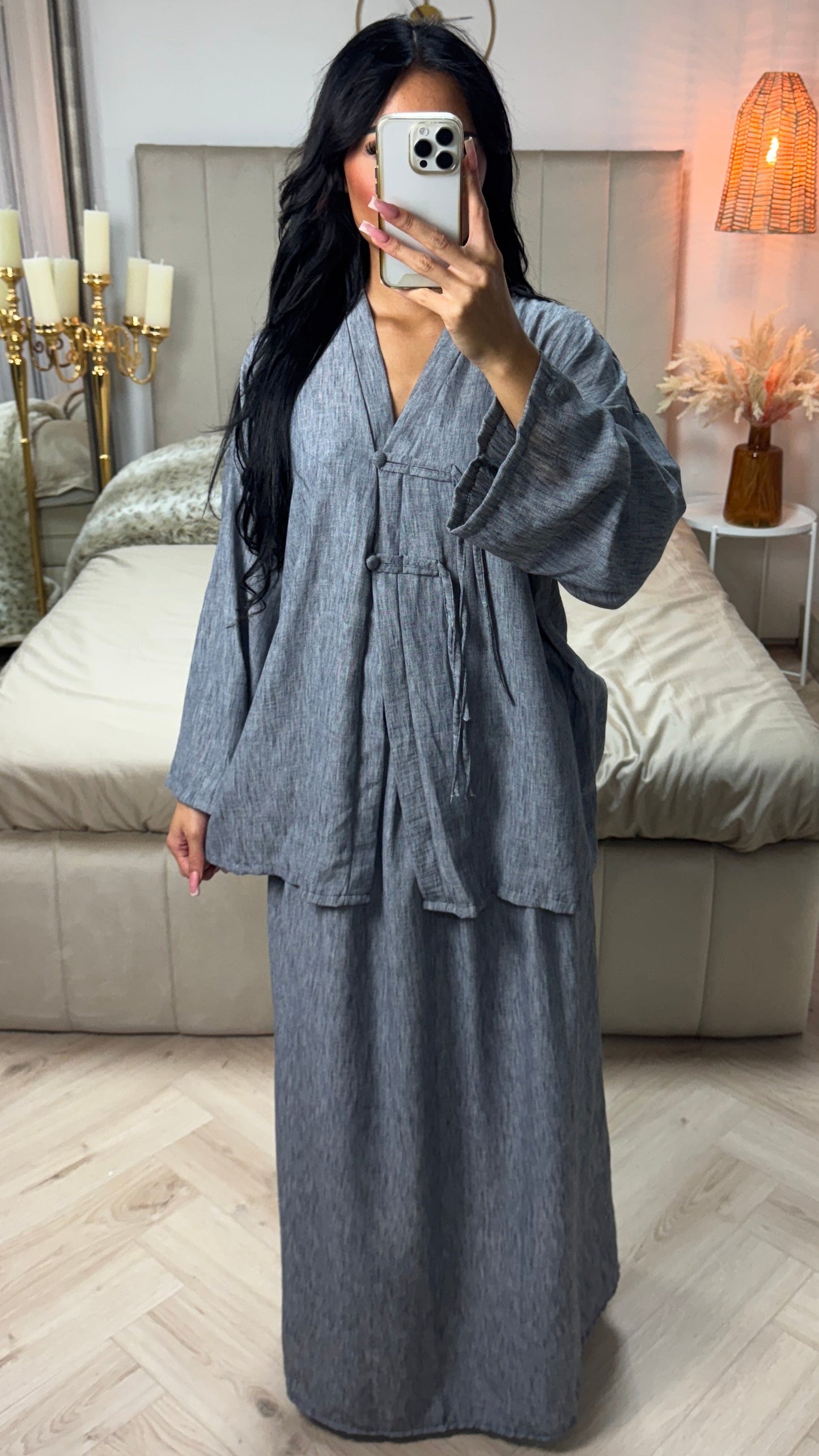 V Neck Top + Skirt Set Two Button Detail