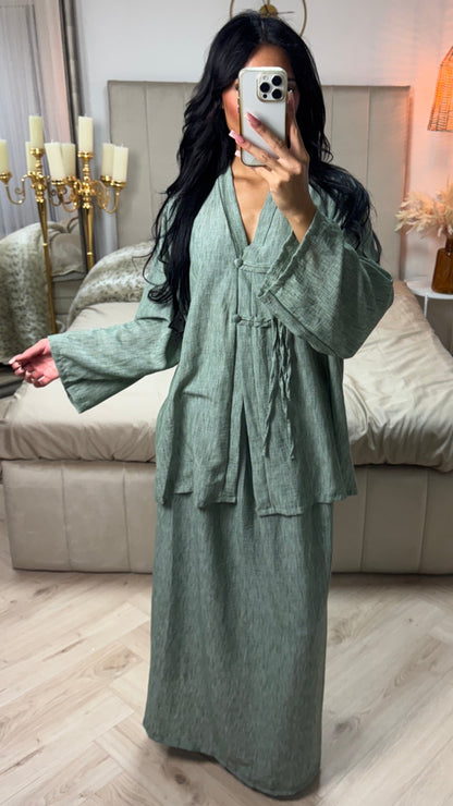 V Neck Top + Skirt Set Two Button Detail