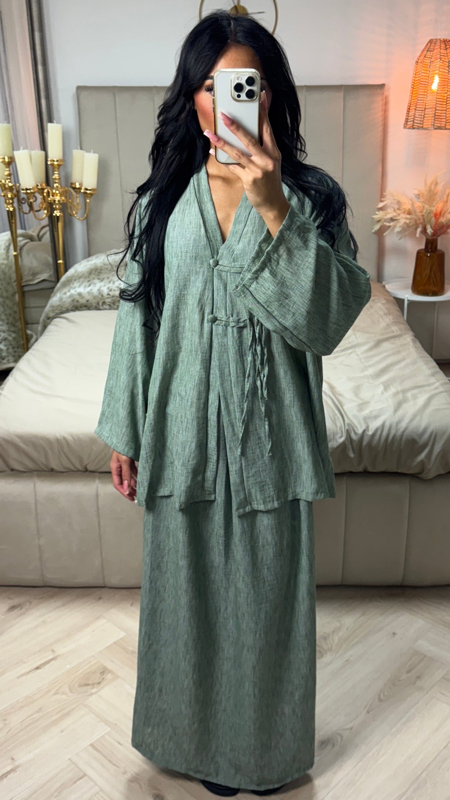 V Neck Top + Skirt Set Two Button Detail