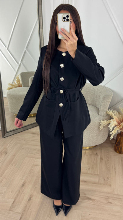 Luxurious Two-Piece Set with Gold Buttons & Belt