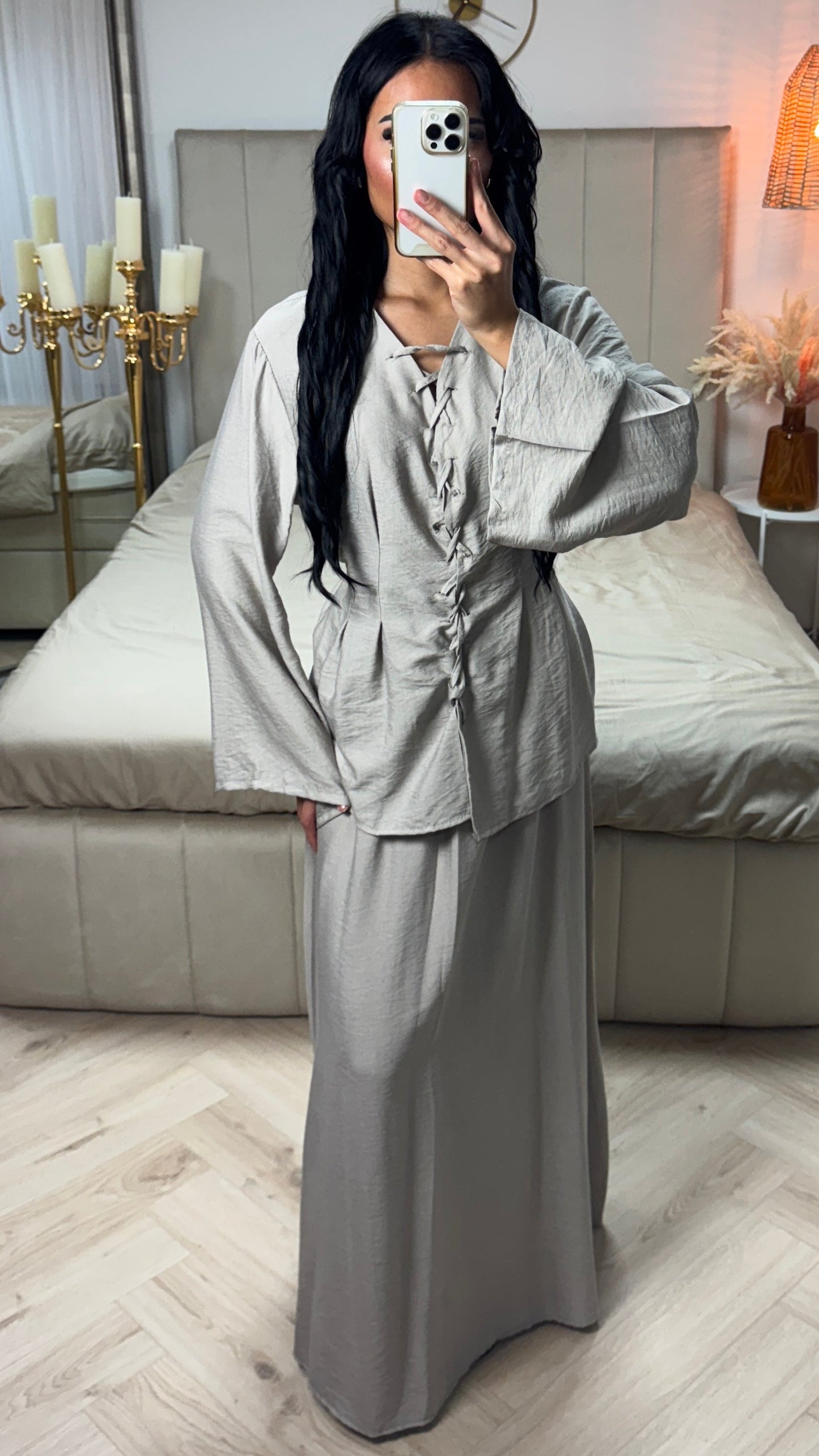 Maxi Skirt & Lace-Up Top Set with Belt – Viscose Blend