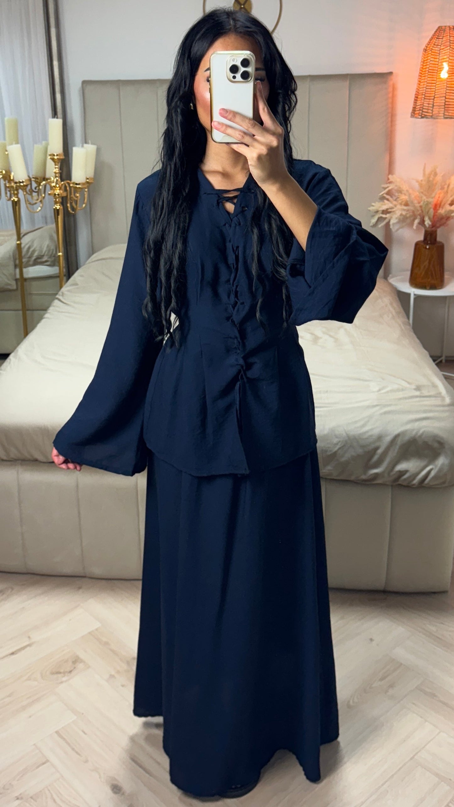 Maxi Skirt & Lace-Up Top Set with Belt – Viscose Blend