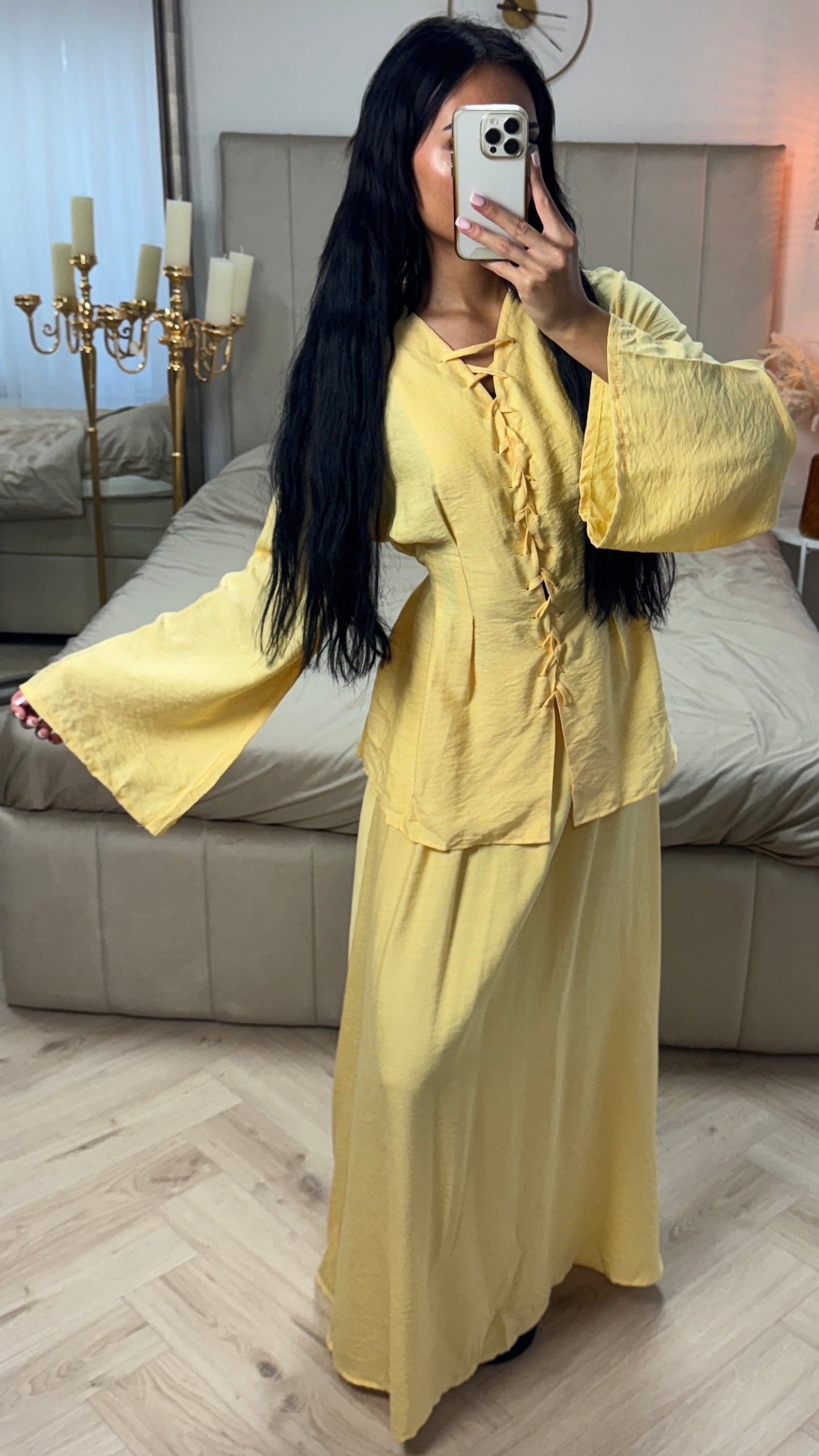 Maxi Skirt & Lace-Up Top Set with Belt – Viscose Blend