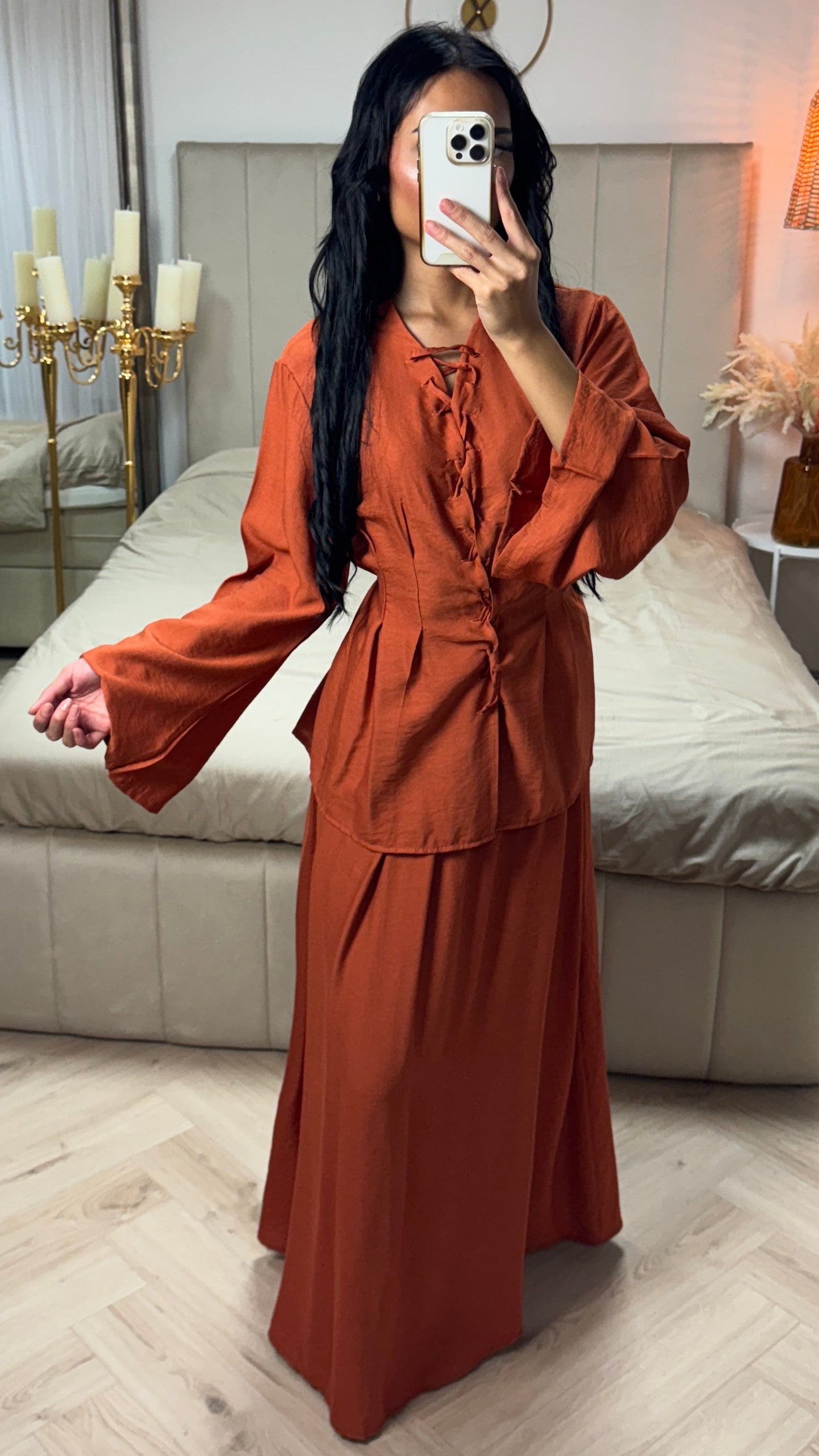 Maxi Skirt & Lace-Up Top Set with Belt – Viscose Blend