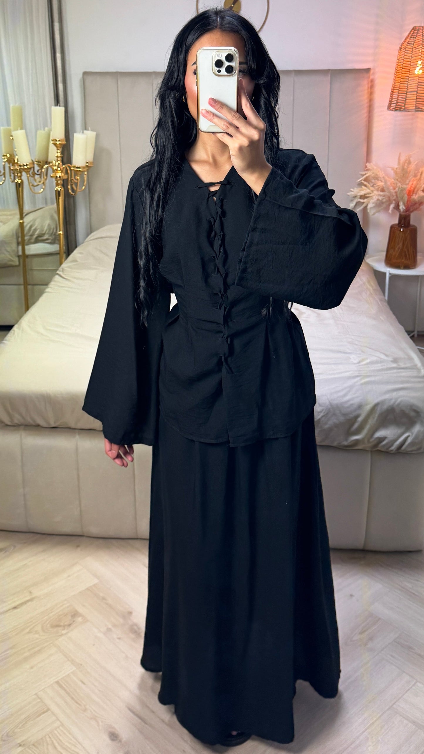 Maxi Skirt & Lace-Up Top Set with Belt – Viscose Blend