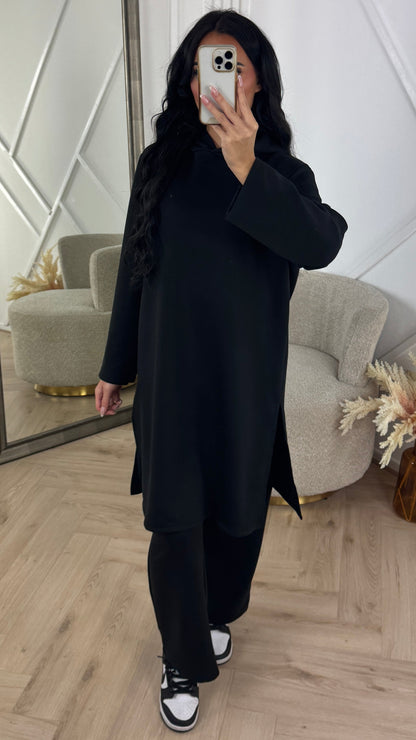 Minimal Hoodie Two-Piece Set with Wide-Pattern Pants