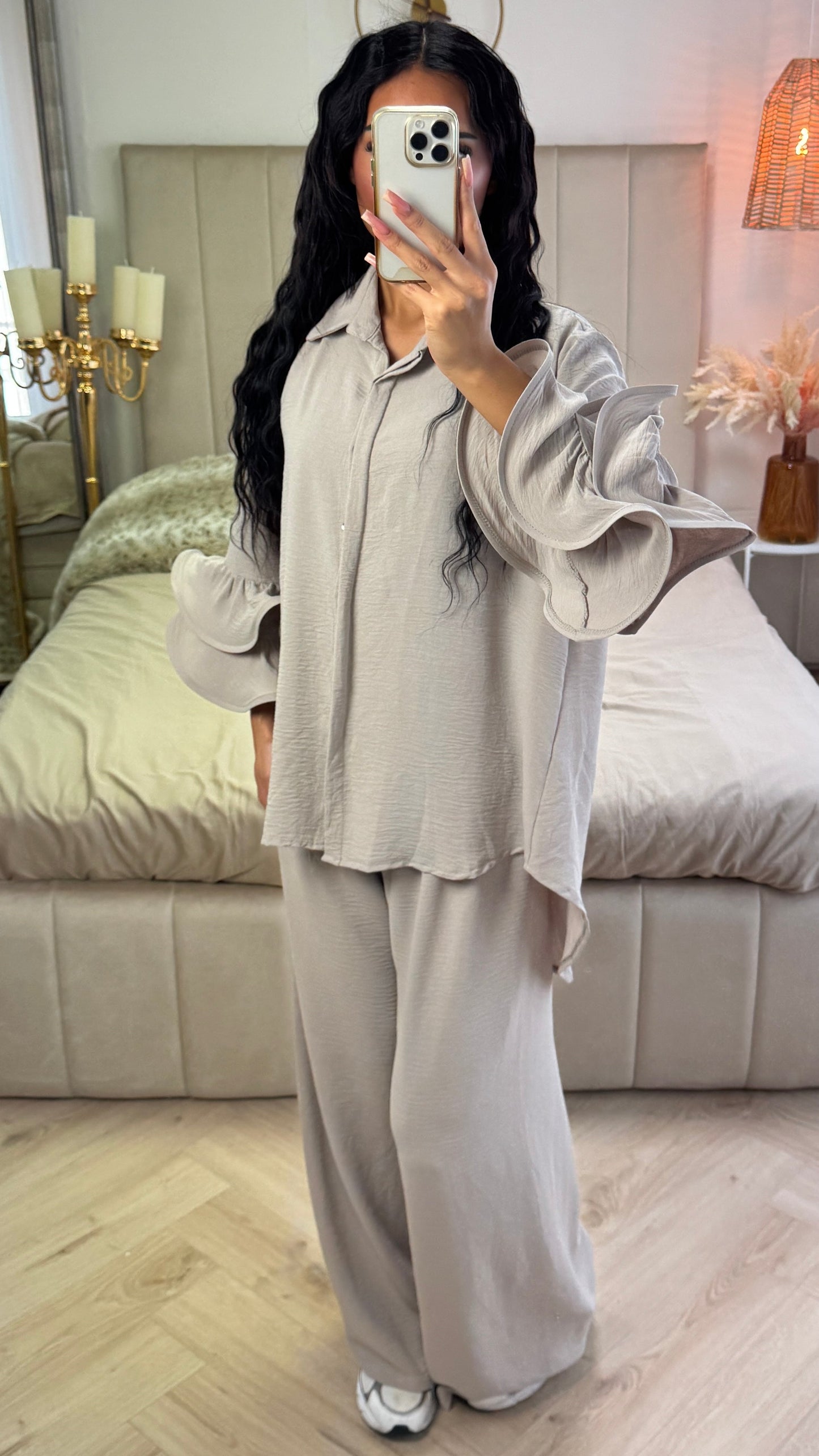 Oversized Blouse Set Ruffle Sleeves Detail