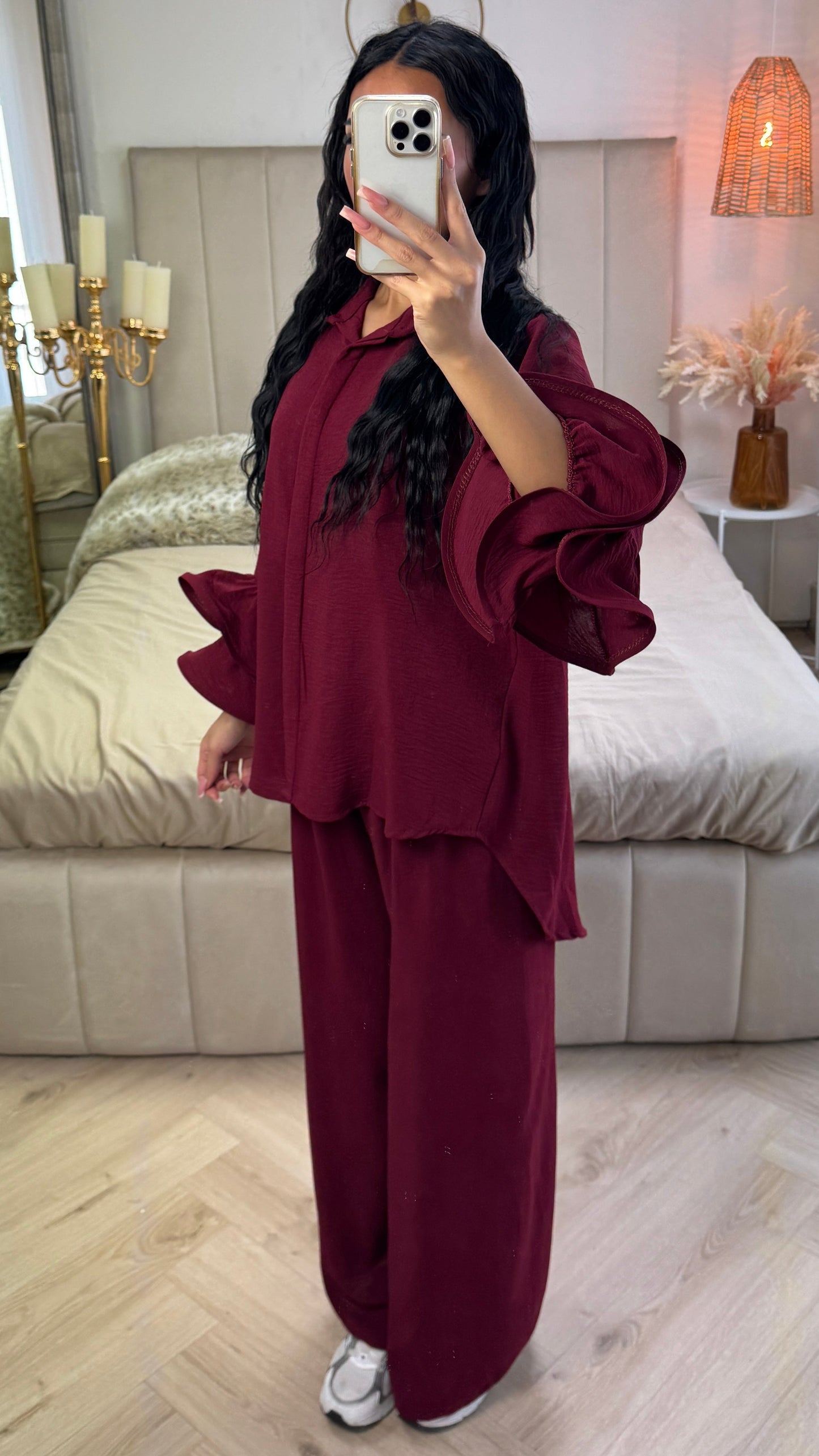 Oversized Blouse Set Ruffle Sleeves Detail