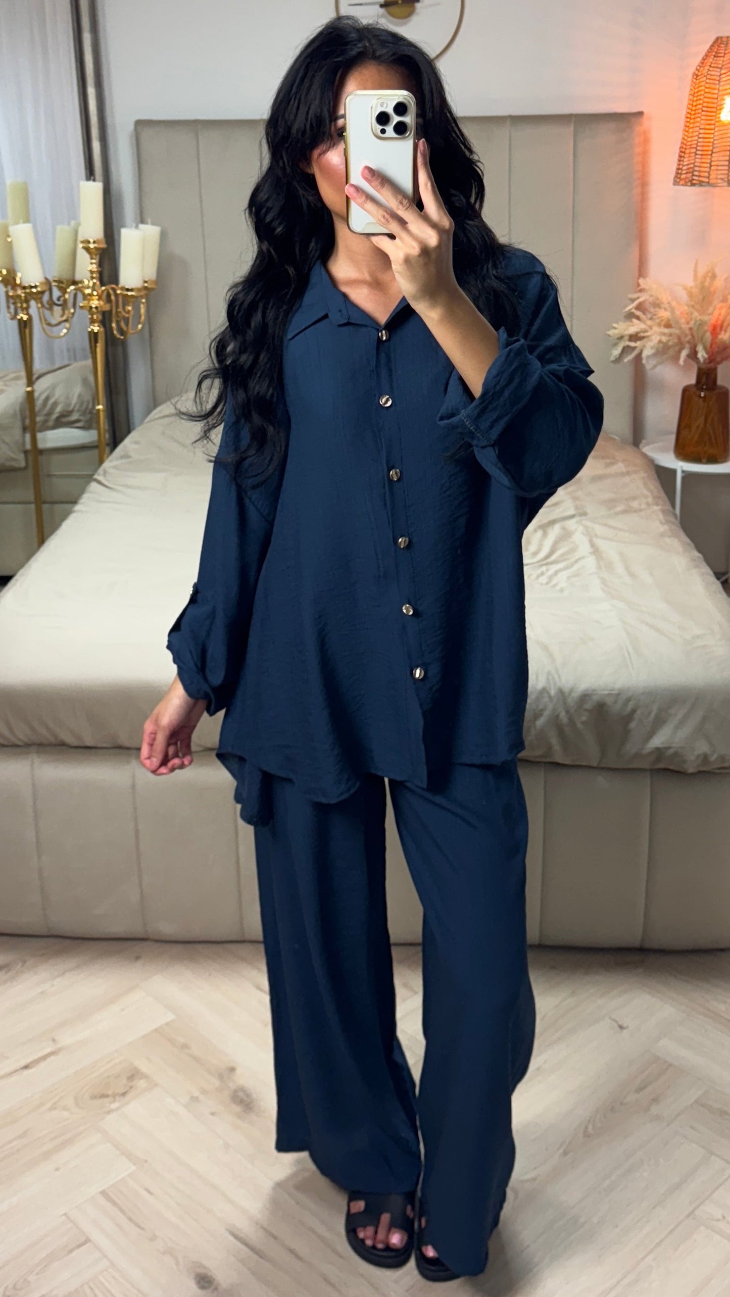Oversized Blouse and Trouser Set with Button Closure