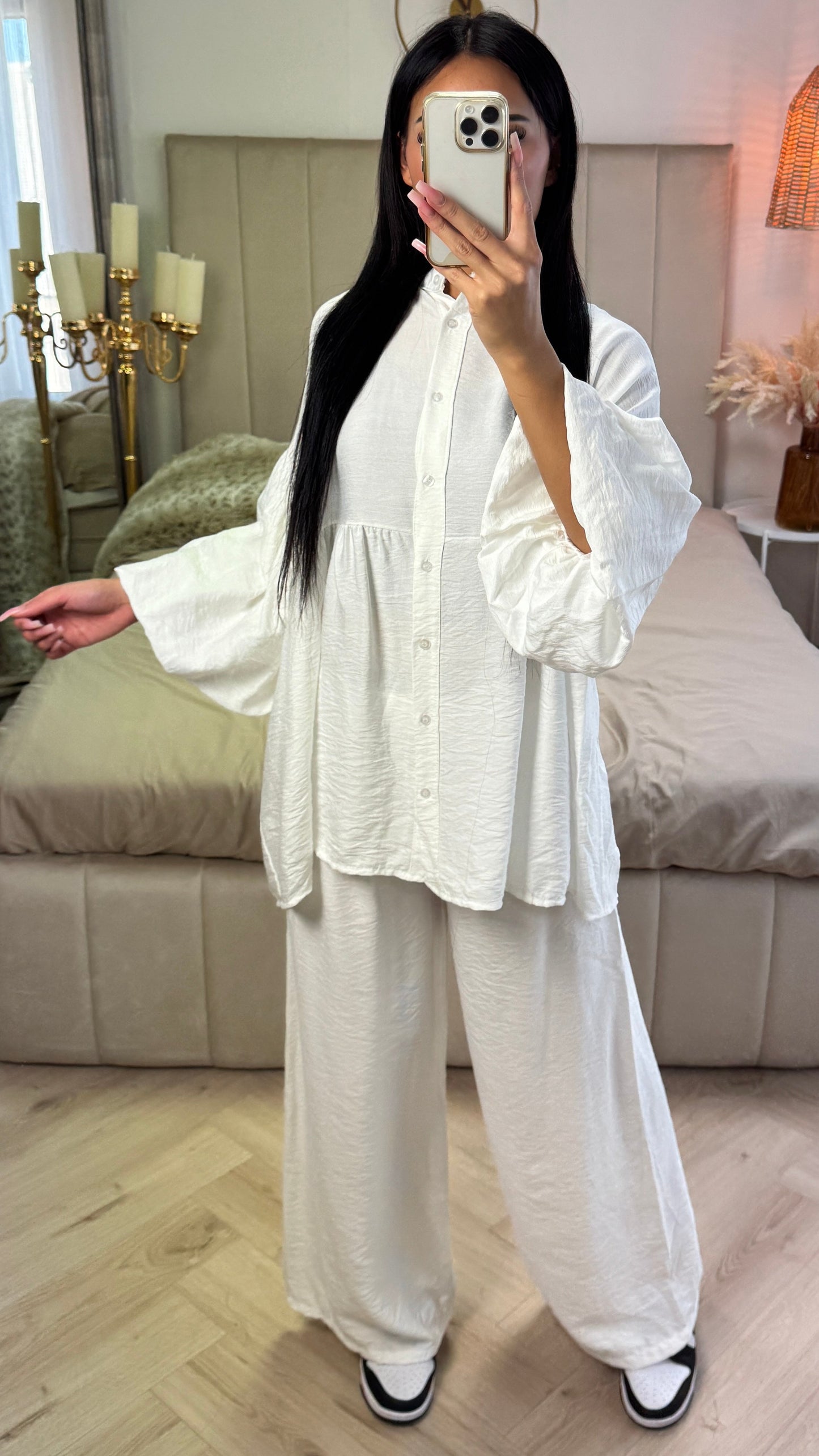 Oversized Cotton Set with Puff Sleeves & Straight Leg Pants