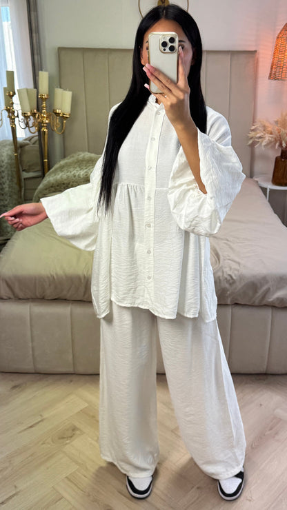 Oversized Cotton Set with Puff Sleeves & Straight Leg Pants