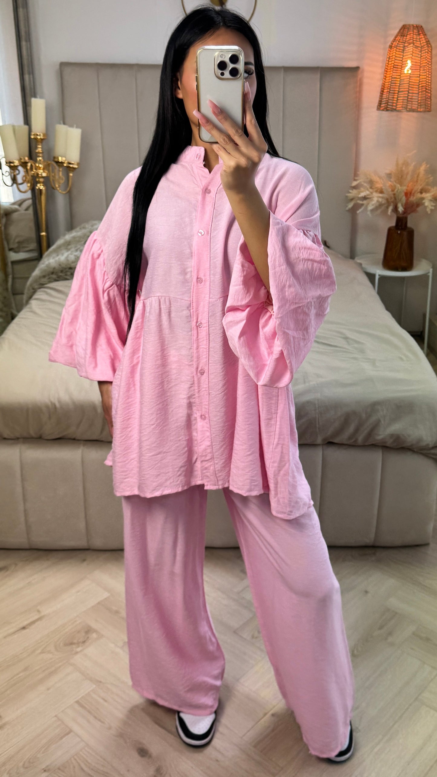 Oversized Cotton Set with Puff Sleeves & Straight Leg Pants