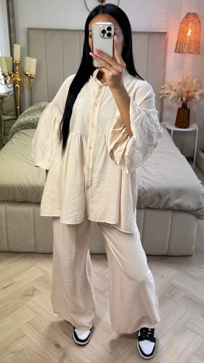 Oversized Cotton Set with Puff Sleeves & Straight Leg Pants