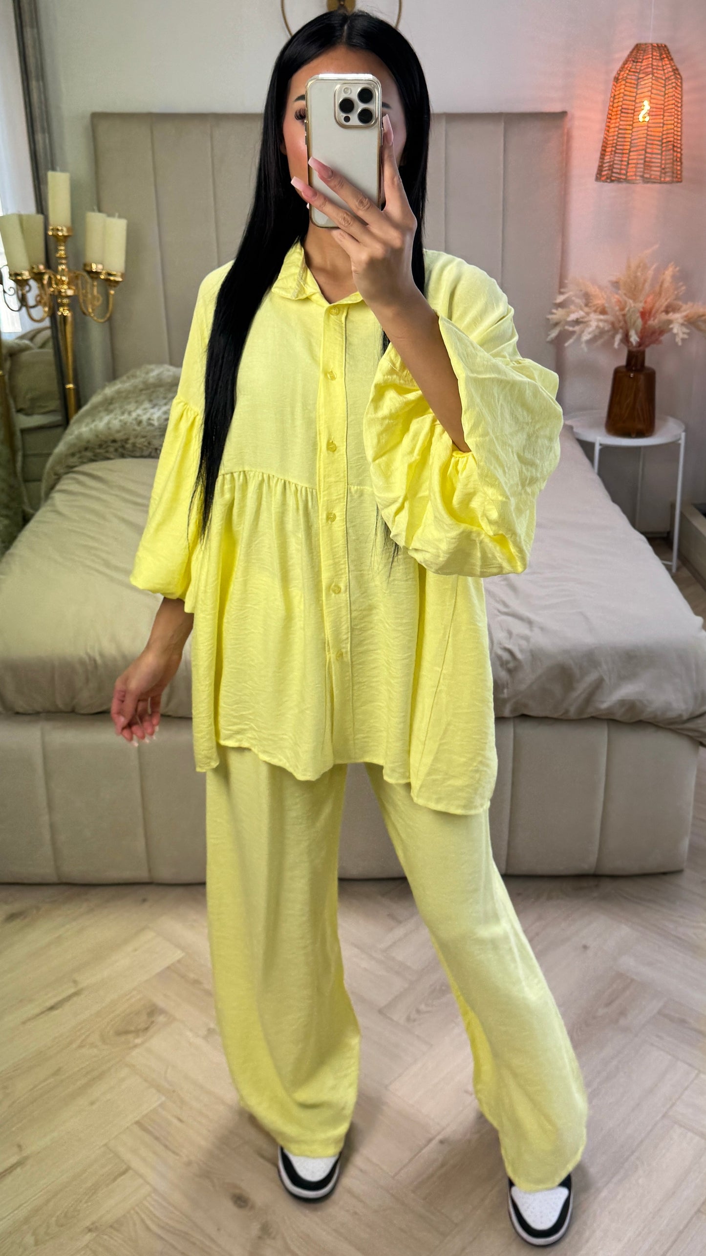 Oversized Cotton Set with Puff Sleeves & Straight Leg Pants