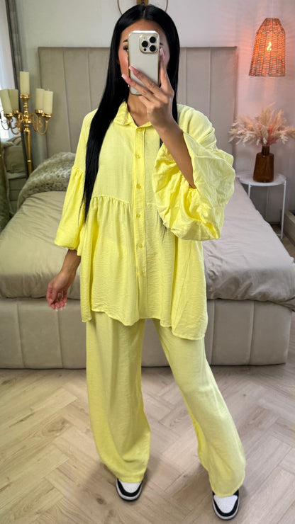 Oversized Cotton Set with Puff Sleeves & Straight Leg Pants