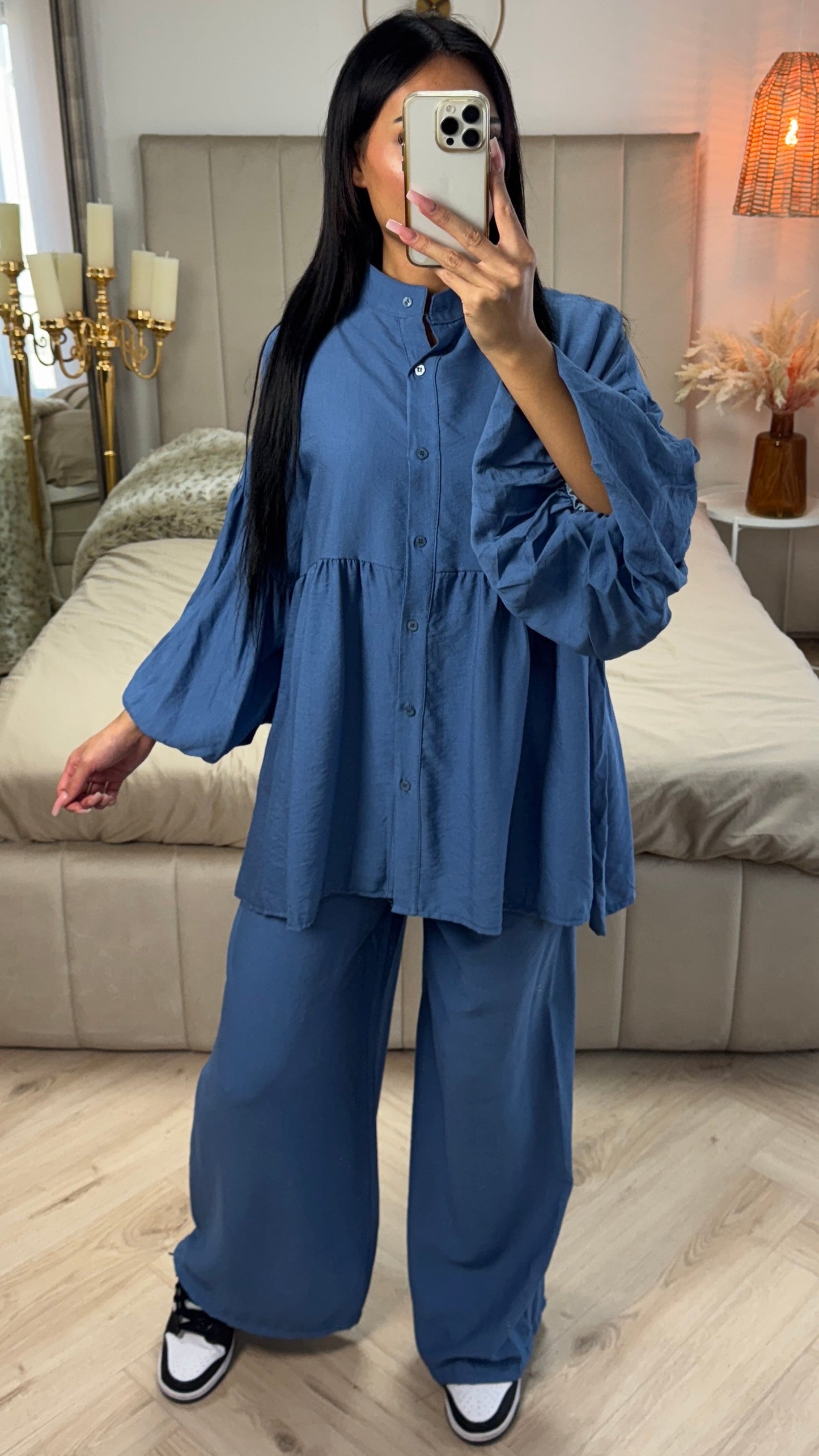 Oversized Cotton Set with Puff Sleeves & Straight Leg Pants