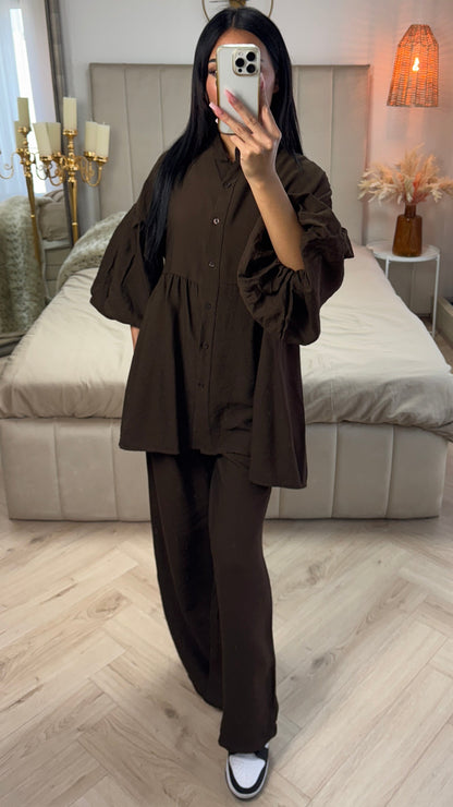 Oversized Cotton Set with Puff Sleeves & Straight Leg Pants