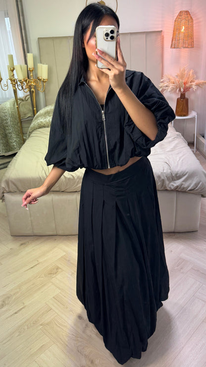 Puff Sleeve Zip-Up Crop Top with Pleated Maxi Skirt