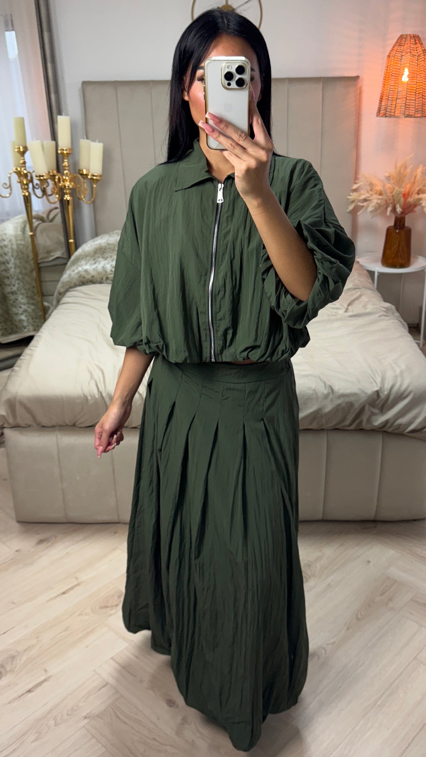 Puff Sleeve Zip-Up Crop Top with Pleated Maxi Skirt