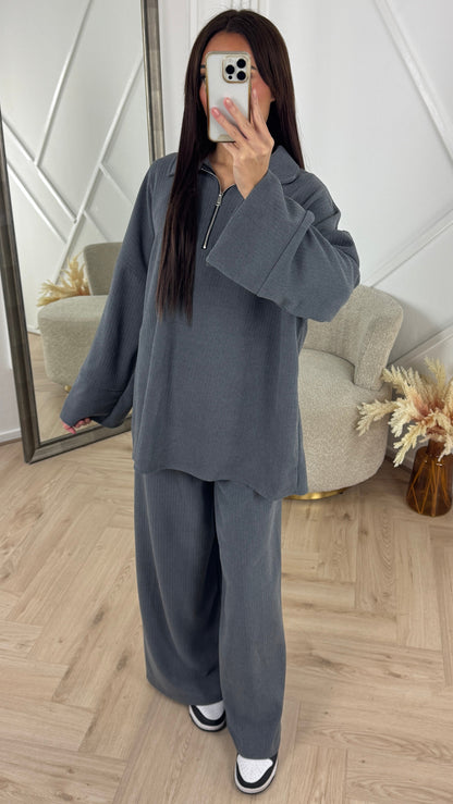 Ribbed Two-Piece Set with Zipper Detail