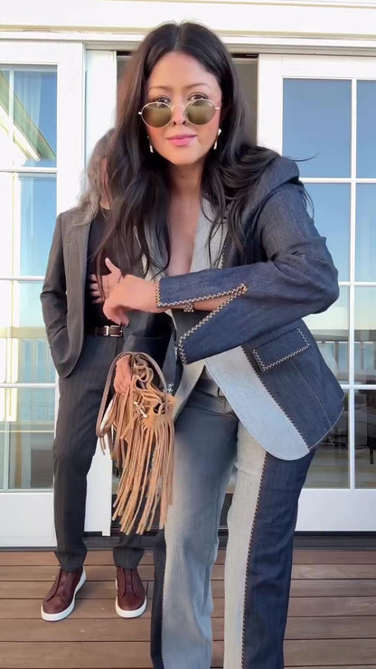 Chic color-block denim jacket and pants