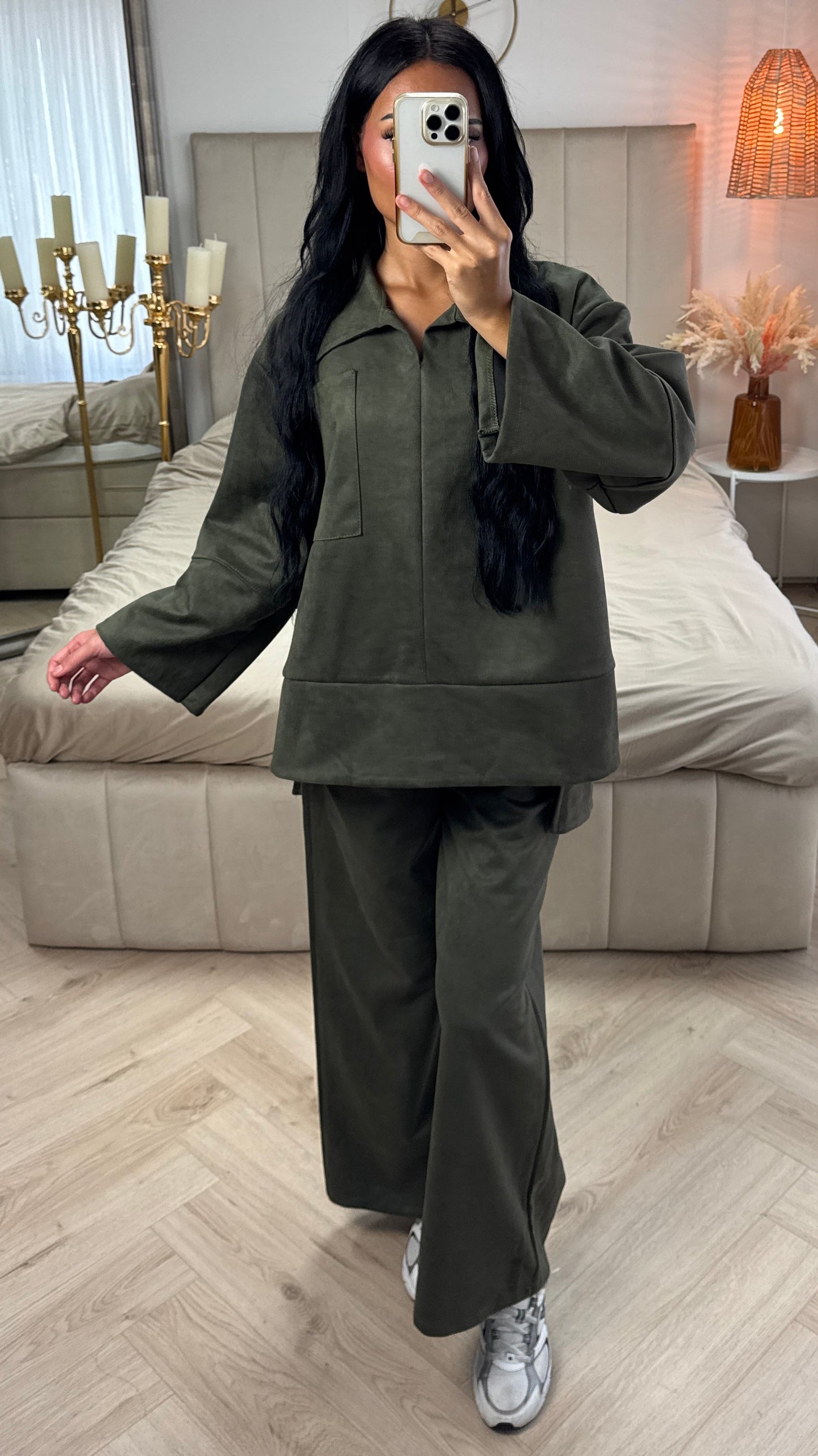 Suede-Look Two-Piece Set with Wide-Leg Pants