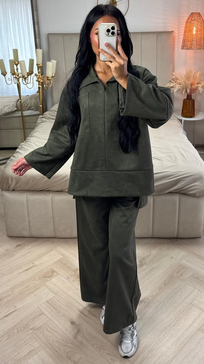 Suede-Look Two-Piece Set with Wide-Leg Pants