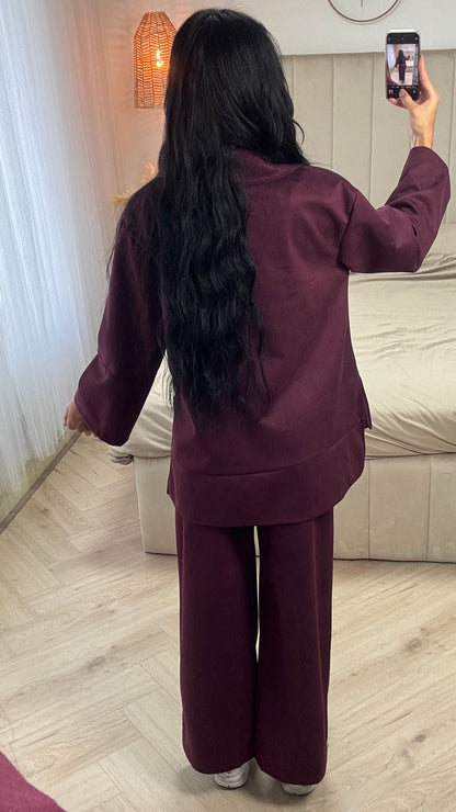 Suede-Look Two-Piece Set with Wide-Leg Pants