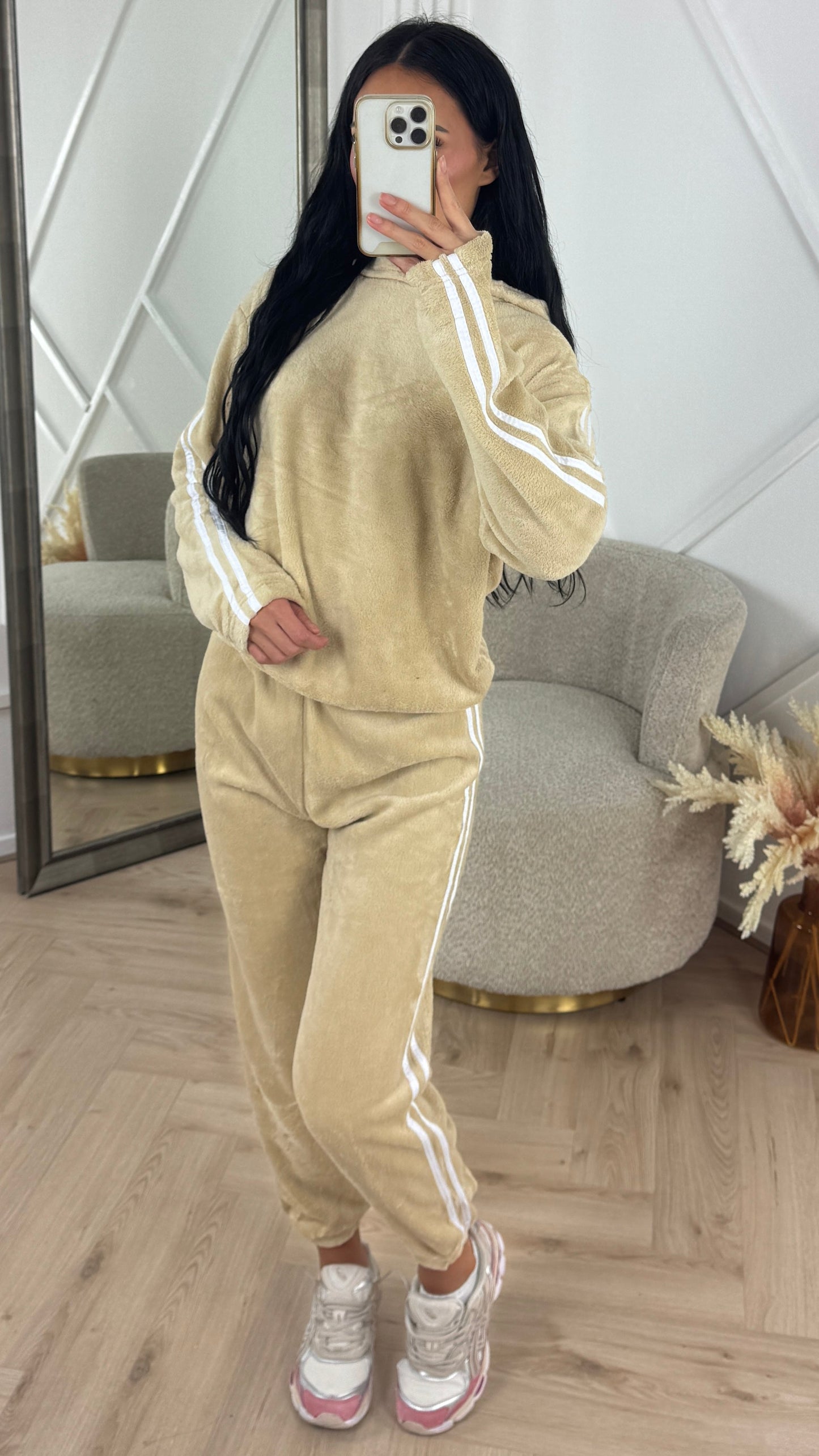 Teddy Tracksuit Set with Hood &  Stripe Detail