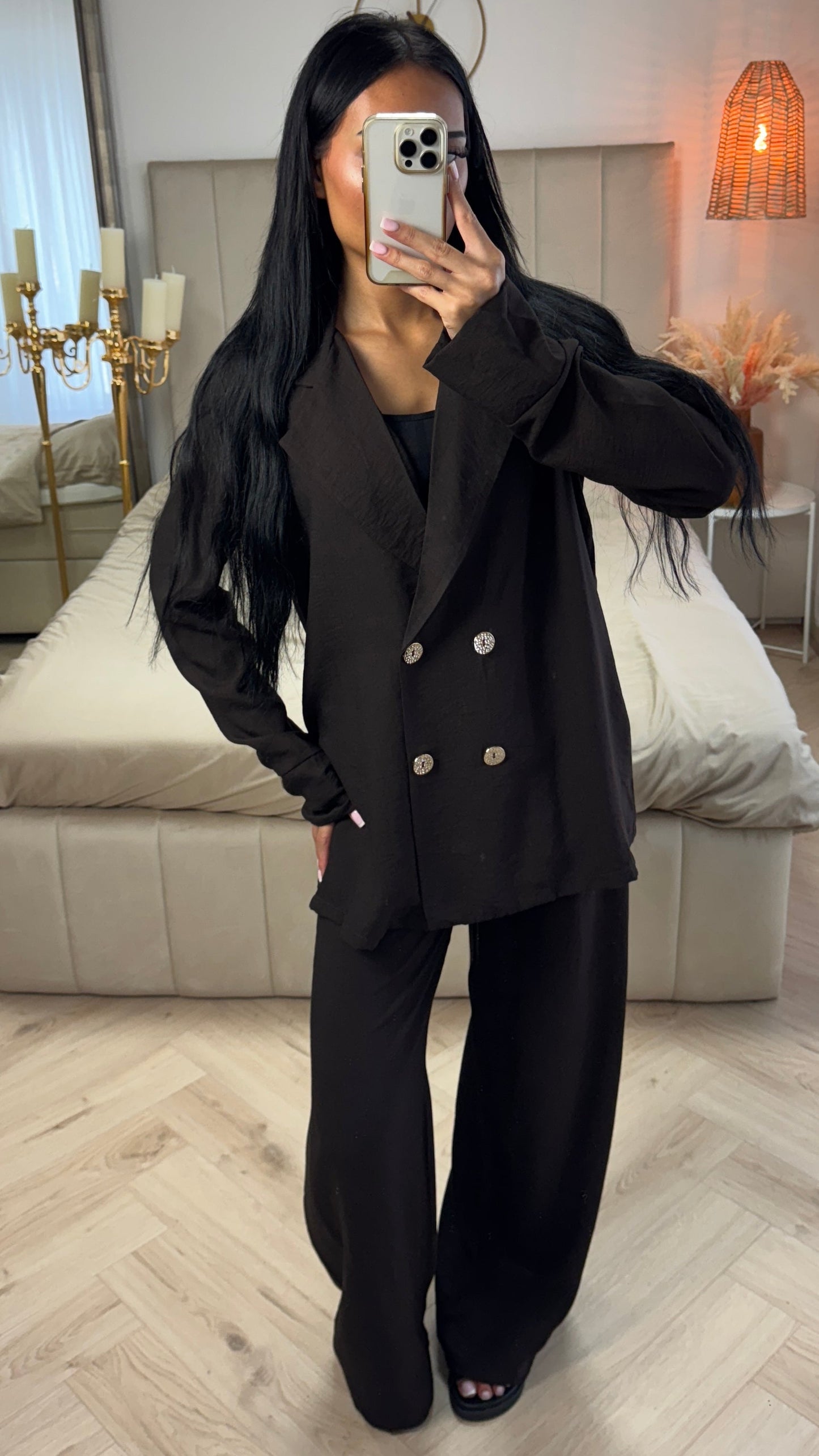 Textured Double-Breasted Set with Wide-Leg Pants