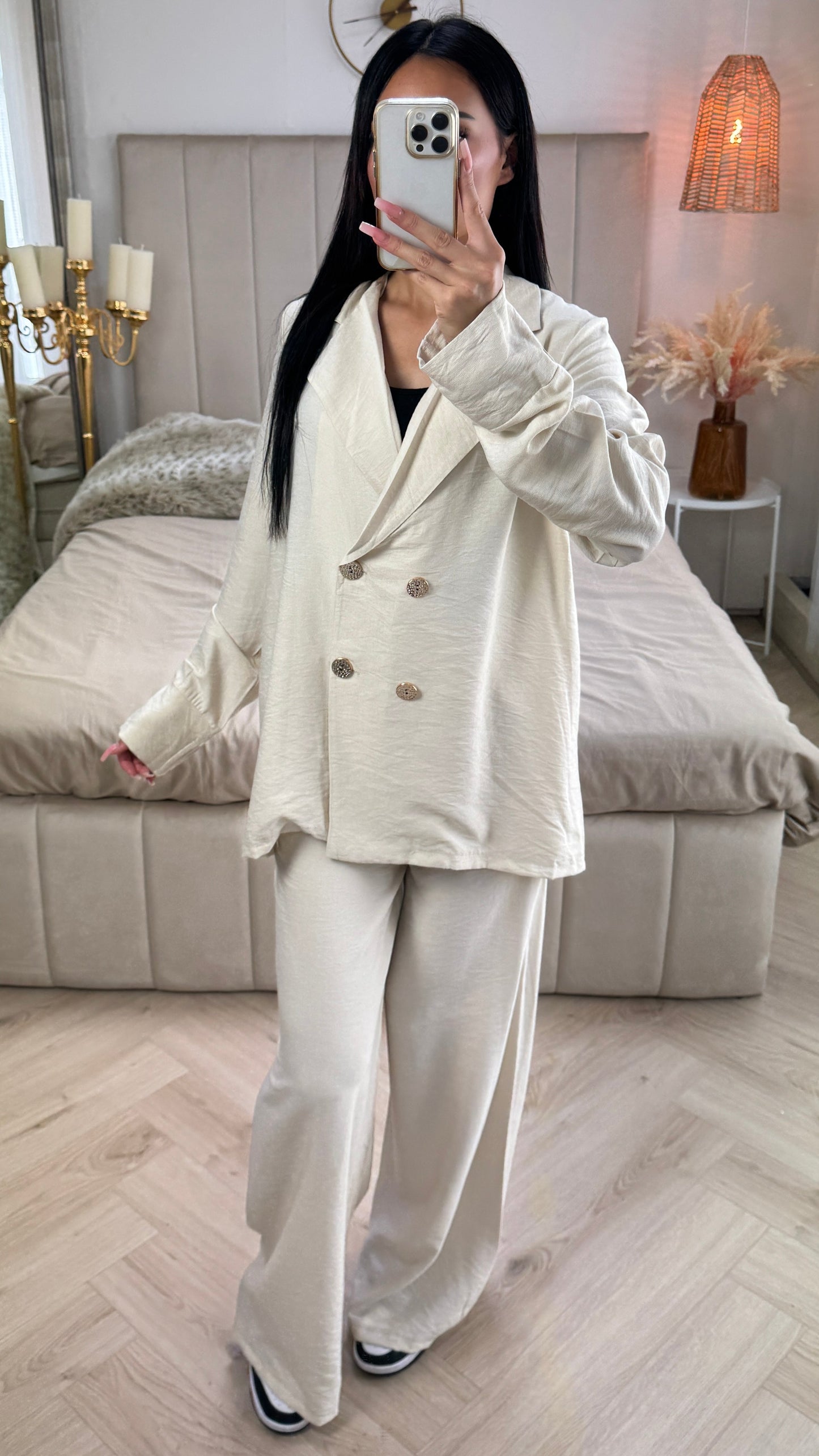 Textured Double-Breasted Set with Wide-Leg Pants