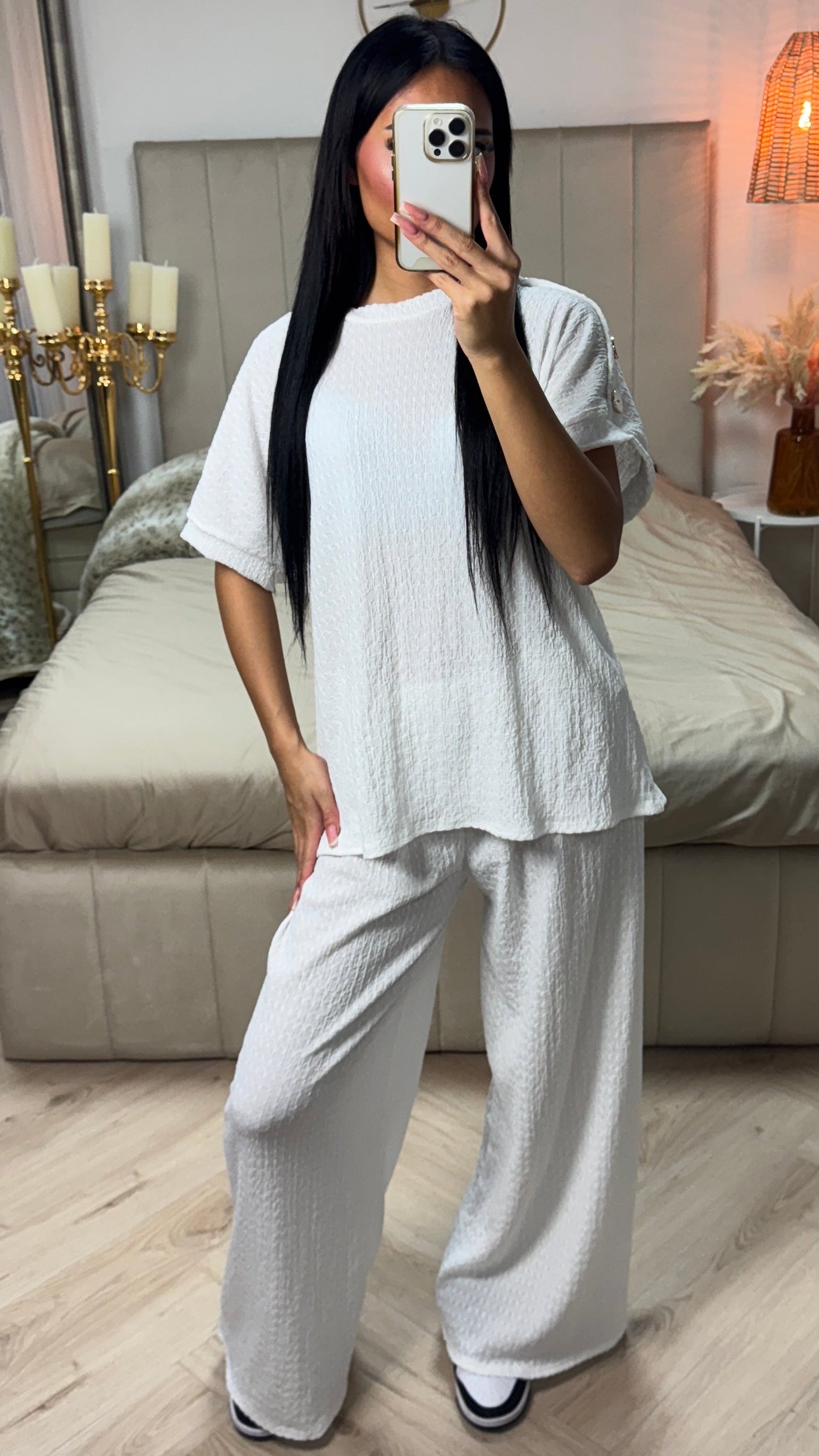 Textured Oversized Viscose Set with Golden Buttons