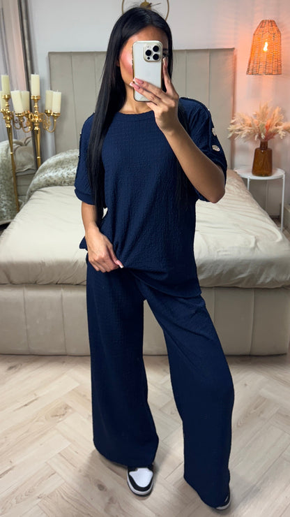 Textured Oversized Viscose Set with Golden Buttons