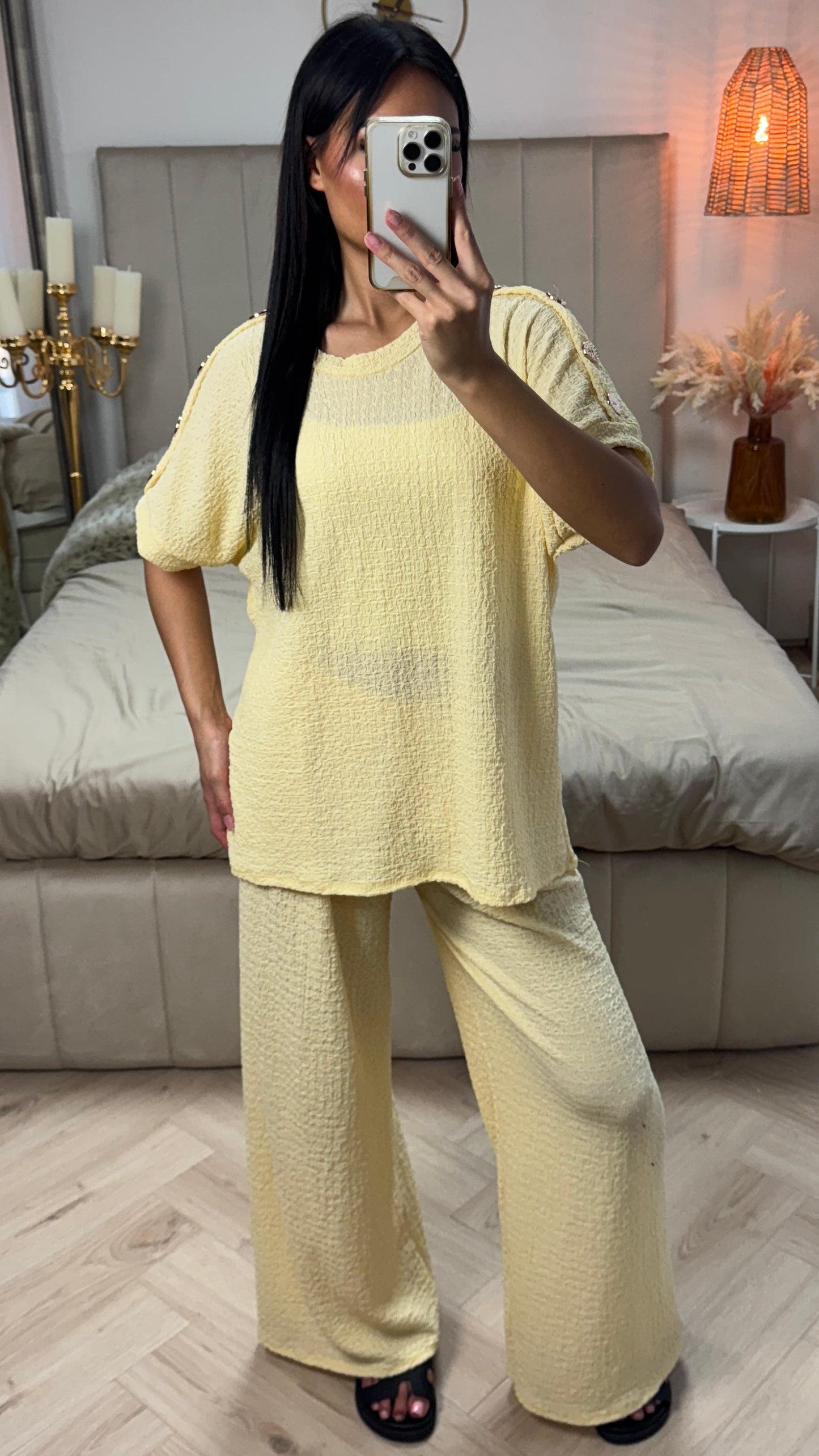 Textured Oversized Viscose Set with Golden Buttons