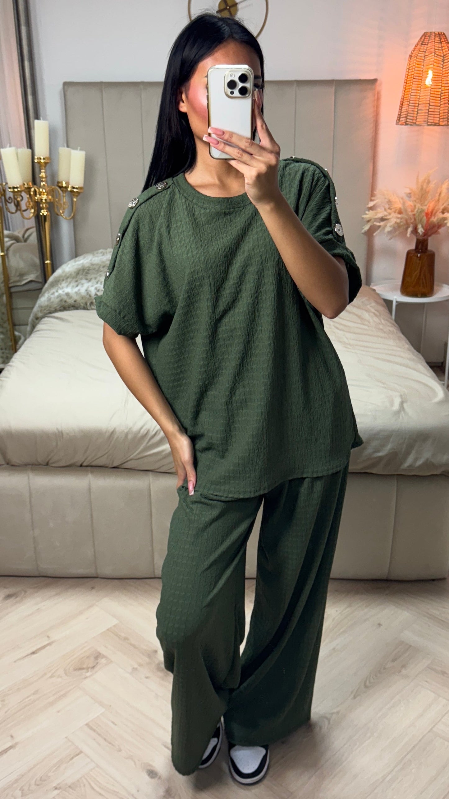 Textured Oversized Viscose Set with Golden Buttons