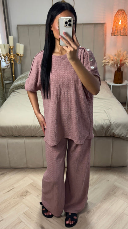 Textured Oversized Viscose Set with Golden Buttons