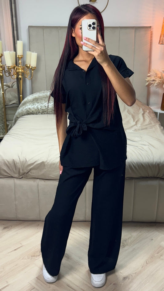 Tie Belt Blouse + Oversized Pants Set