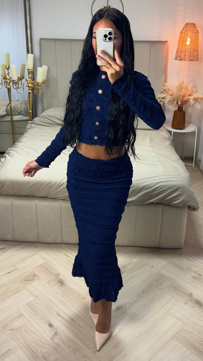 Two-Piece Set with Crop Blouse and Midi Skirt – Gold Buttons