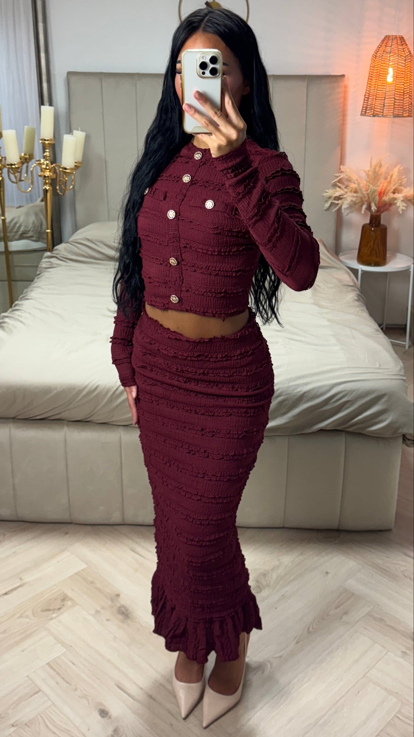 Two-Piece Set with Crop Blouse and Midi Skirt – Gold Buttons