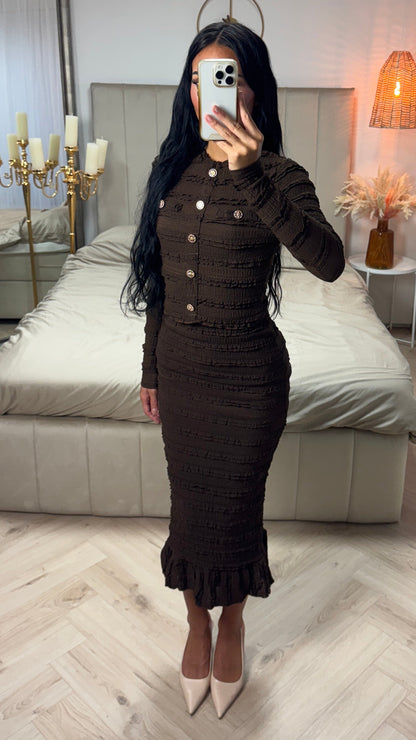 Two-Piece Set with Crop Blouse and Midi Skirt – Gold Buttons