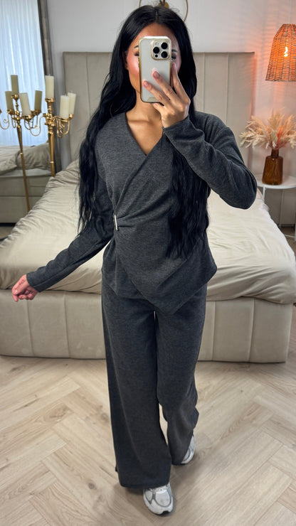 Two-Piece Set with Wrap Top and Wide-Leg Pants