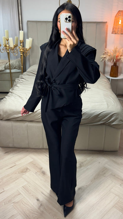 Two-Piece Suit Set with Lined Blazer and Wide-Leg Trousers