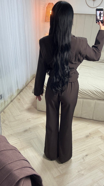 Two-Piece Suit Set with Lined Blazer and Wide-Leg Trousers