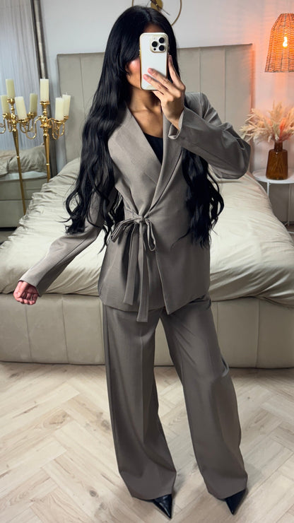 Two-Piece Suit Set with Wrap Blazer and Wide-Leg Trousers