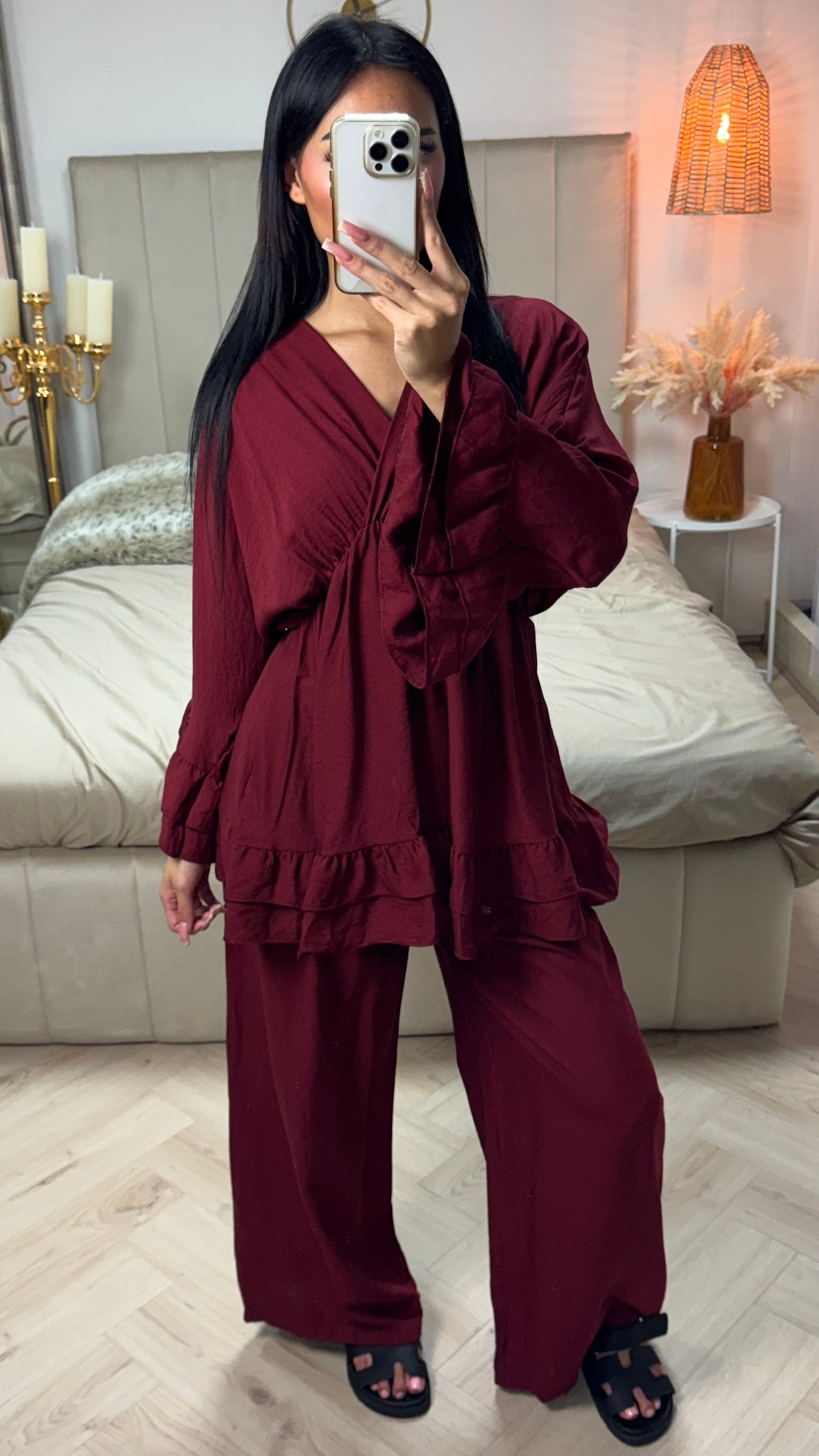 Oversized V Neck Set with Ruffle Details