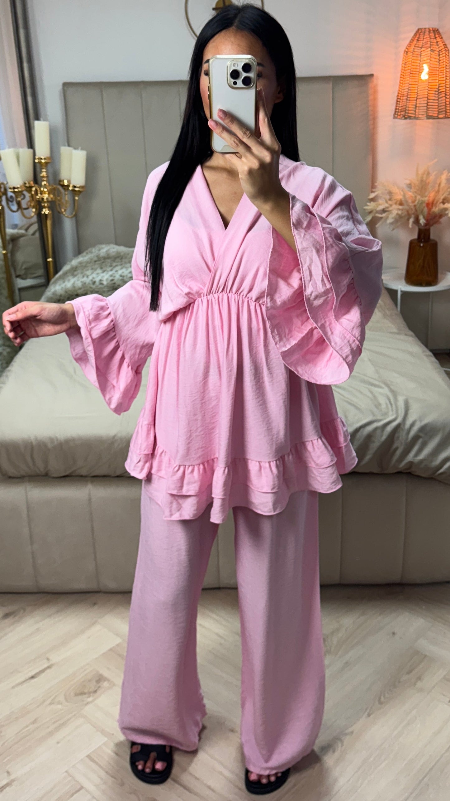 Oversized V Neck Set with Ruffle Details