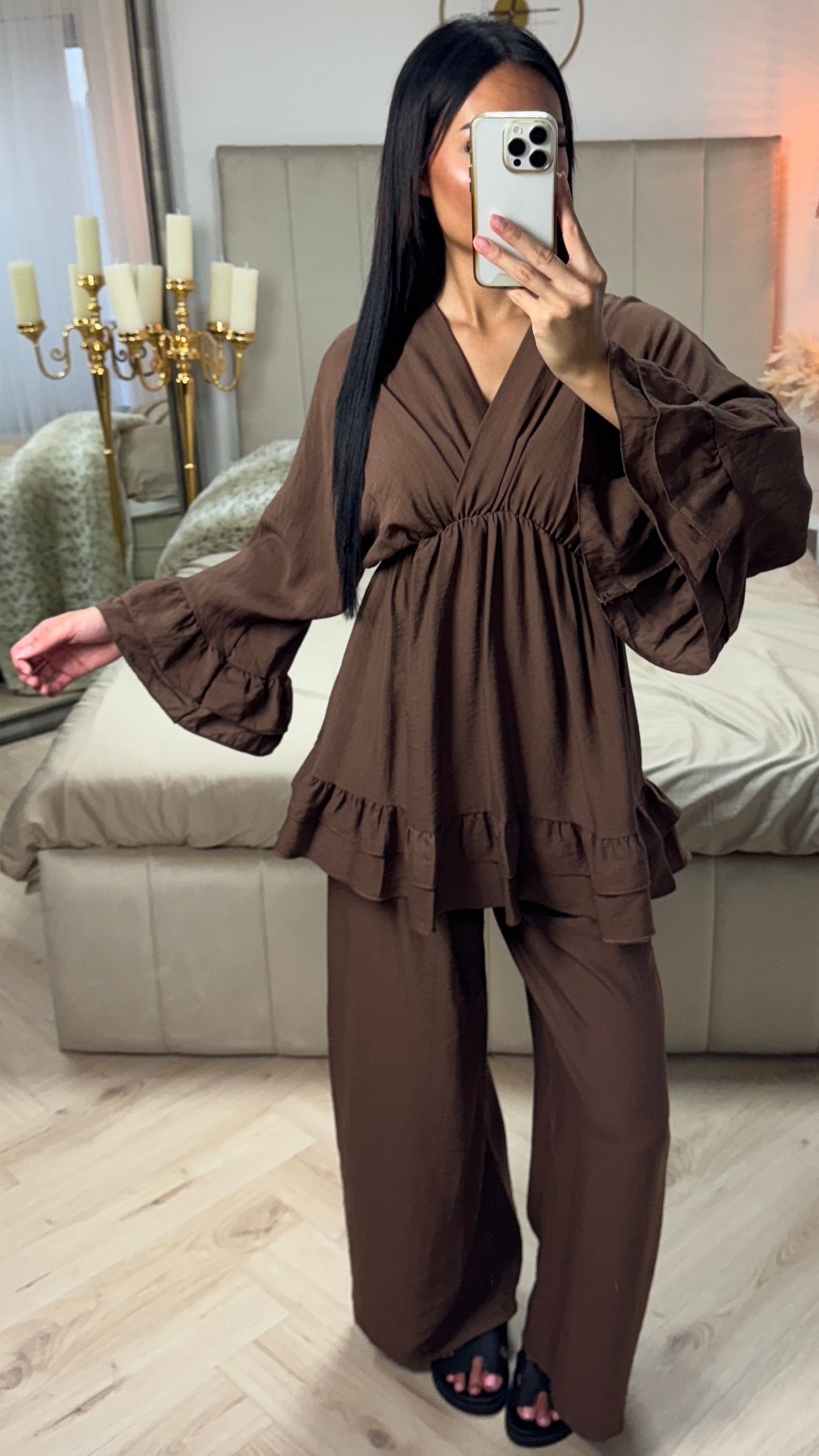 Oversized V Neck Set with Ruffle Details