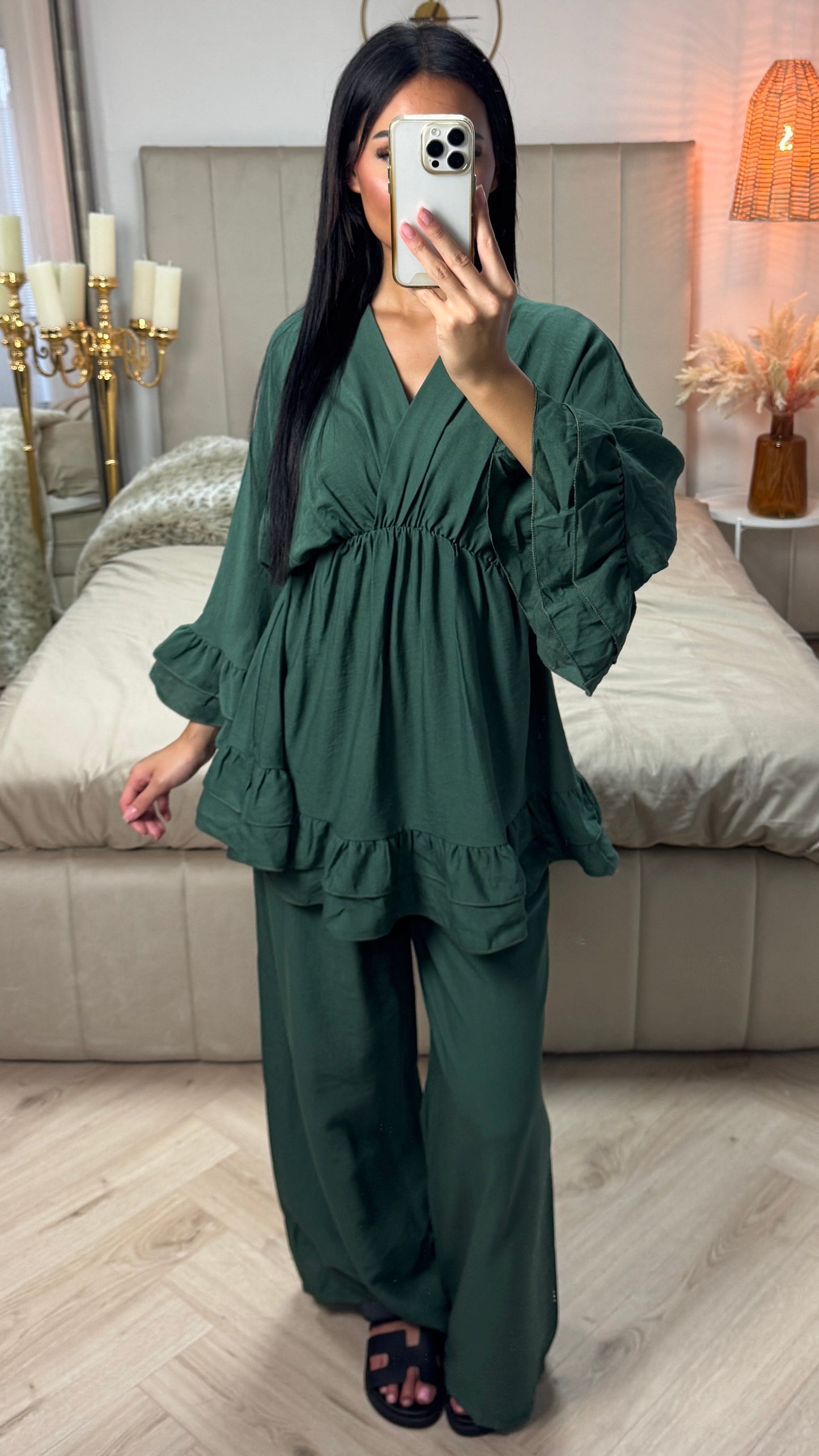 Oversized V Neck Set with Ruffle Details